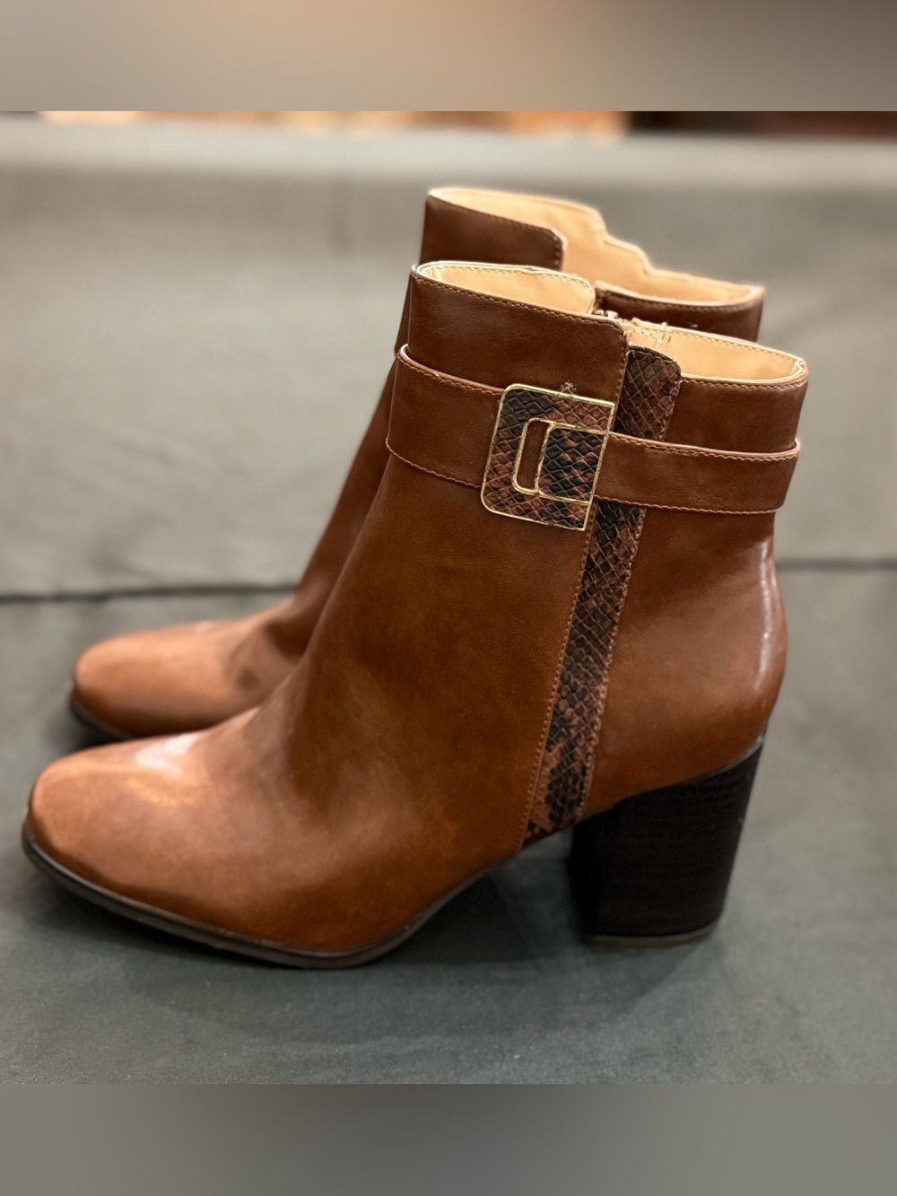 NWOT The Limited Gildey Cognac Ankle Booties with Buckle and Snake-Print Trim